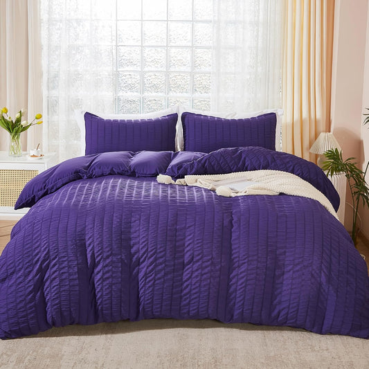 AveLom Dark Purple King Duvet Cover Set with Seersucker Design