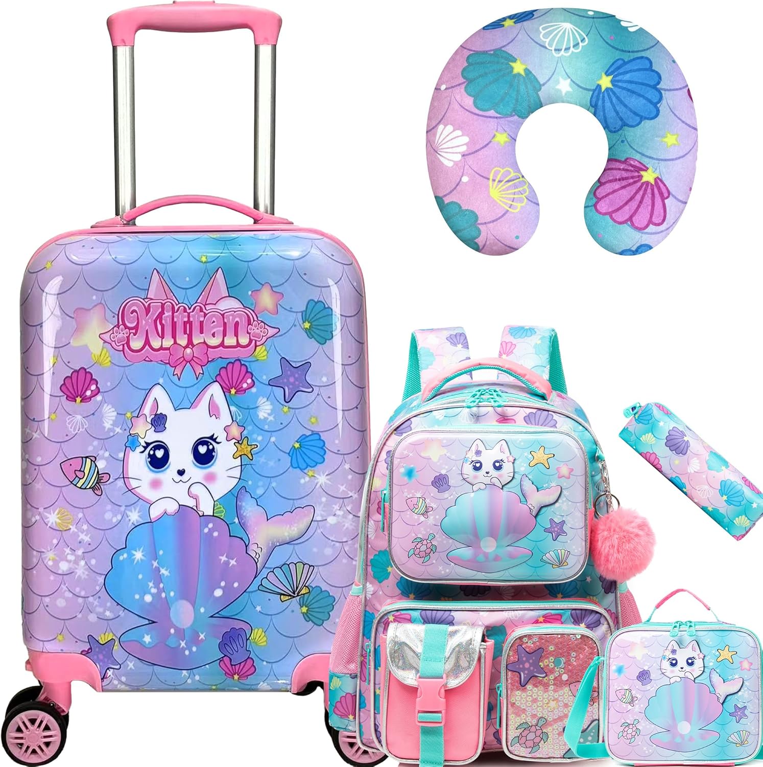 Cute Cat Kid's Luggage Set - 5 Piece Hardside Suitcase