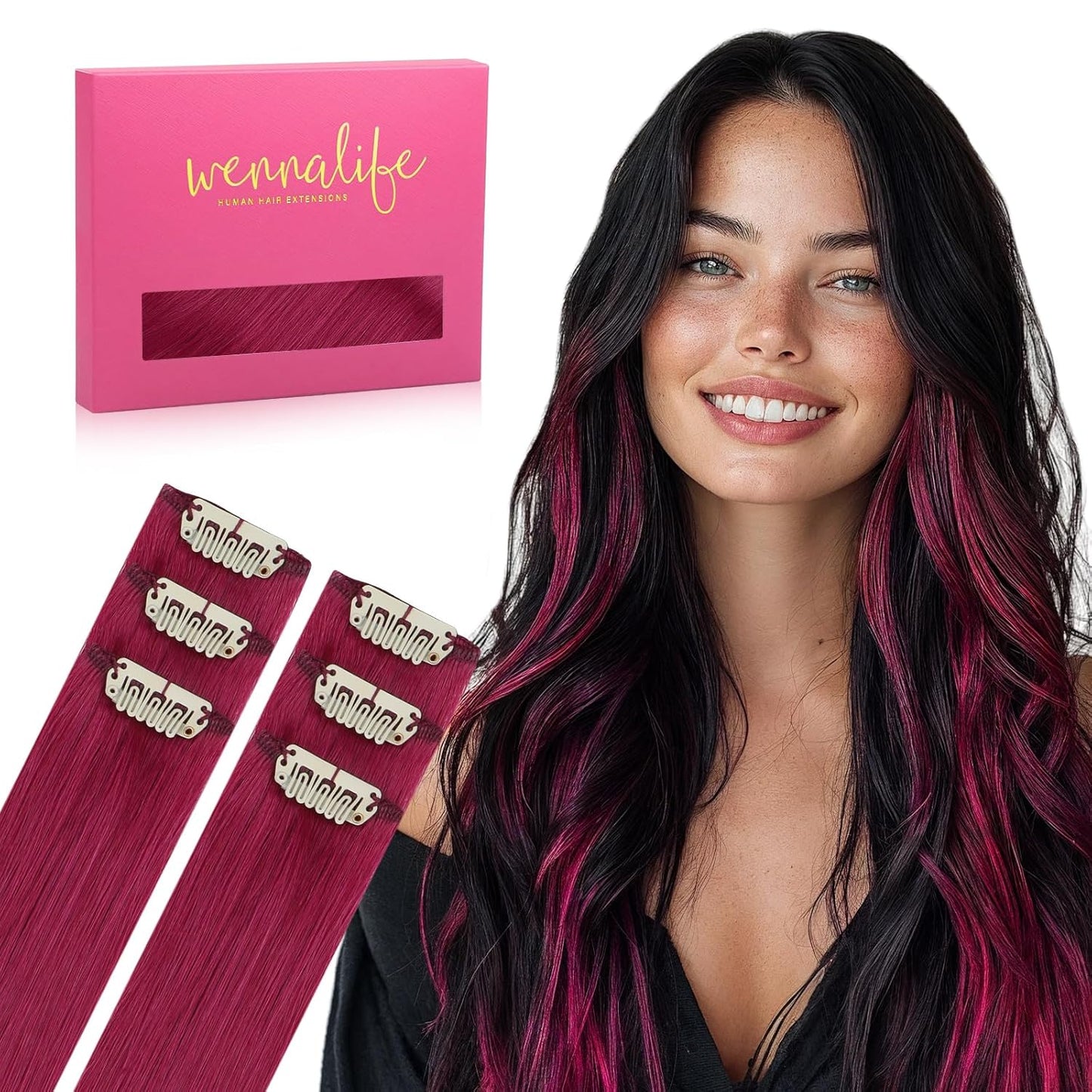 WENNALIFE Burgundy Red Clip in Hair Extensions for Vibrant Style