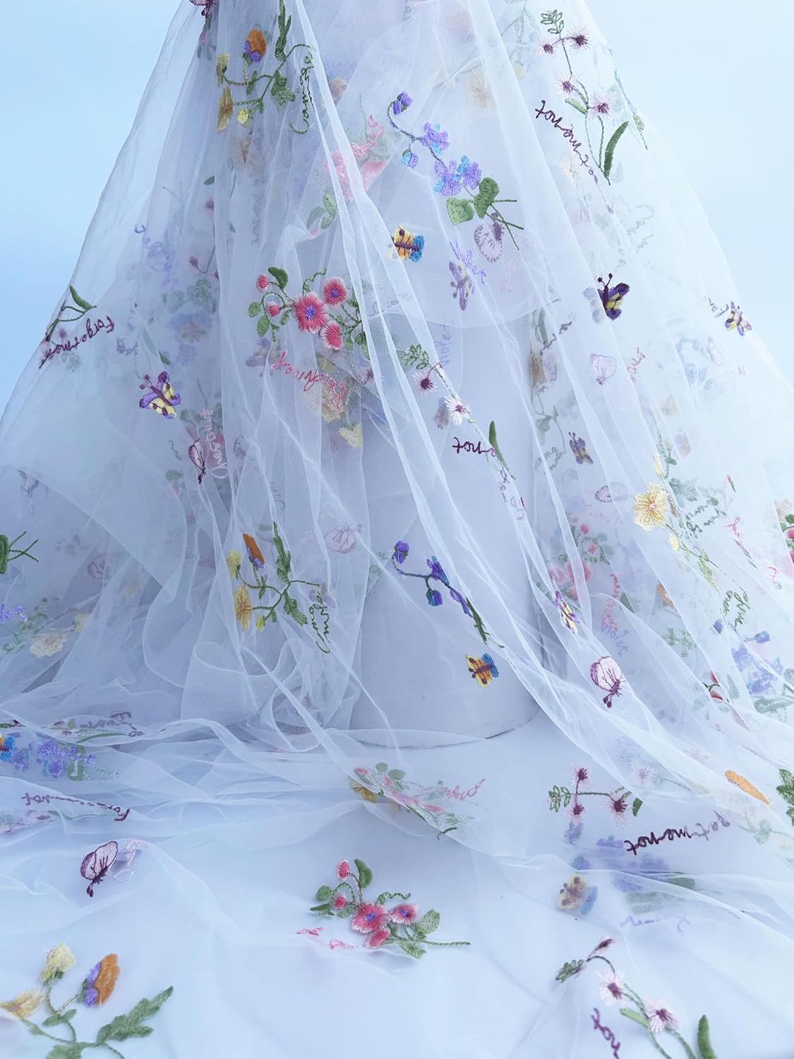 Elegant White Lace Tulle Fabric with Colorful Floral Embroidery