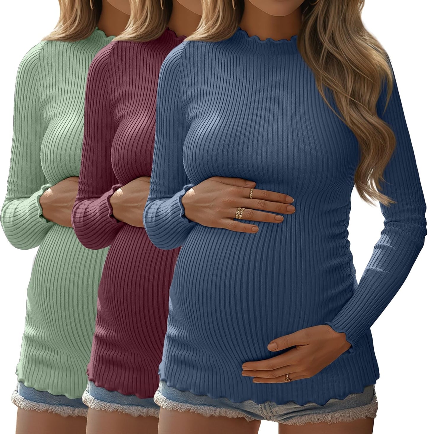 Huukeay Maternity Shirts 3 Pack Long Sleeve Ribbed Knit Tops