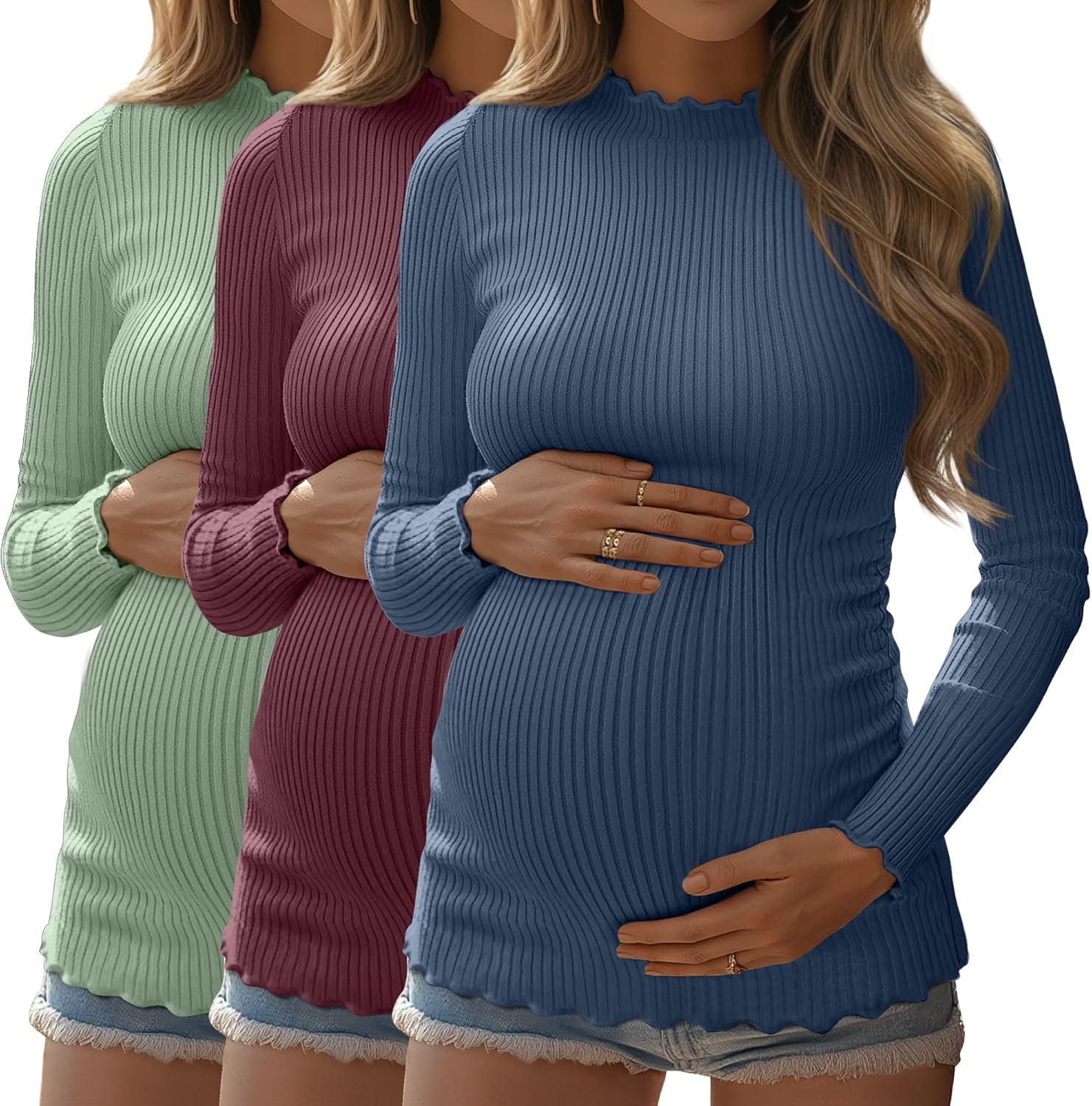 Huukeay Maternity Shirts 3 Pack Long Sleeve Ribbed Knit Tops