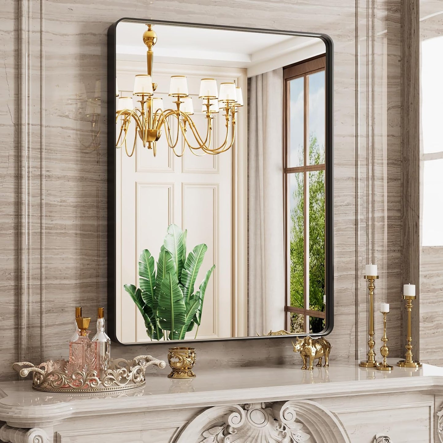 Black Bathroom Mirror 24X36 Inch with Rounded Rectangle Design