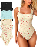 OQQ Women's 3 Piece Ribbed Strappy Square Neck Bodysuits - Tummy Top