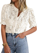 PRETTYGARDEN Womens Lace Short Puff Sleeve Top - Lightweight Summer
