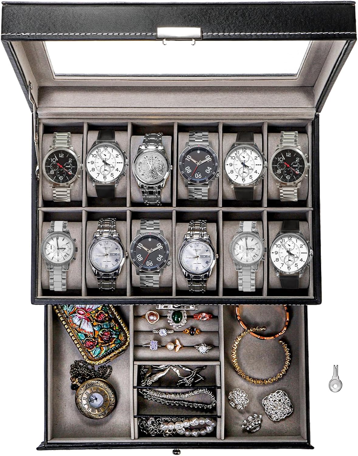 Lockable Glass Lid Watch Box Organizer