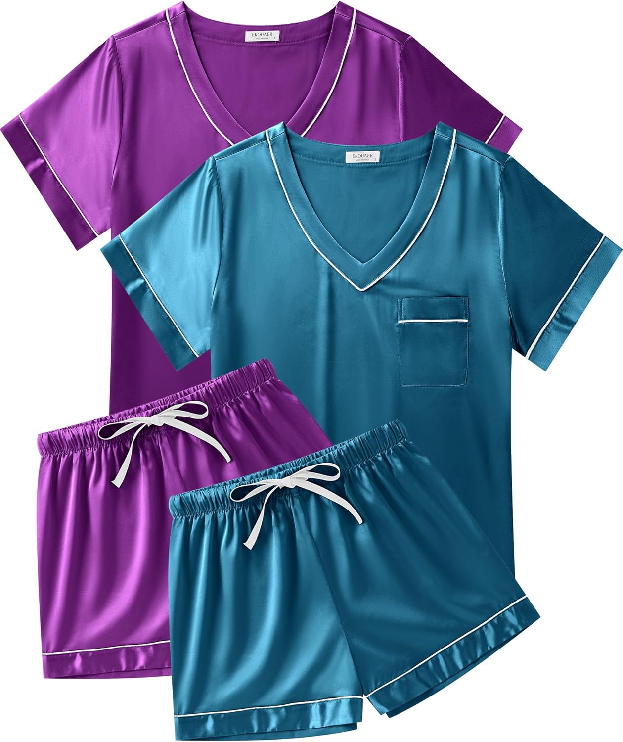 Ekouaer 2 Pack Silk Pajamas for Women Soft V Neck Sleepwear
