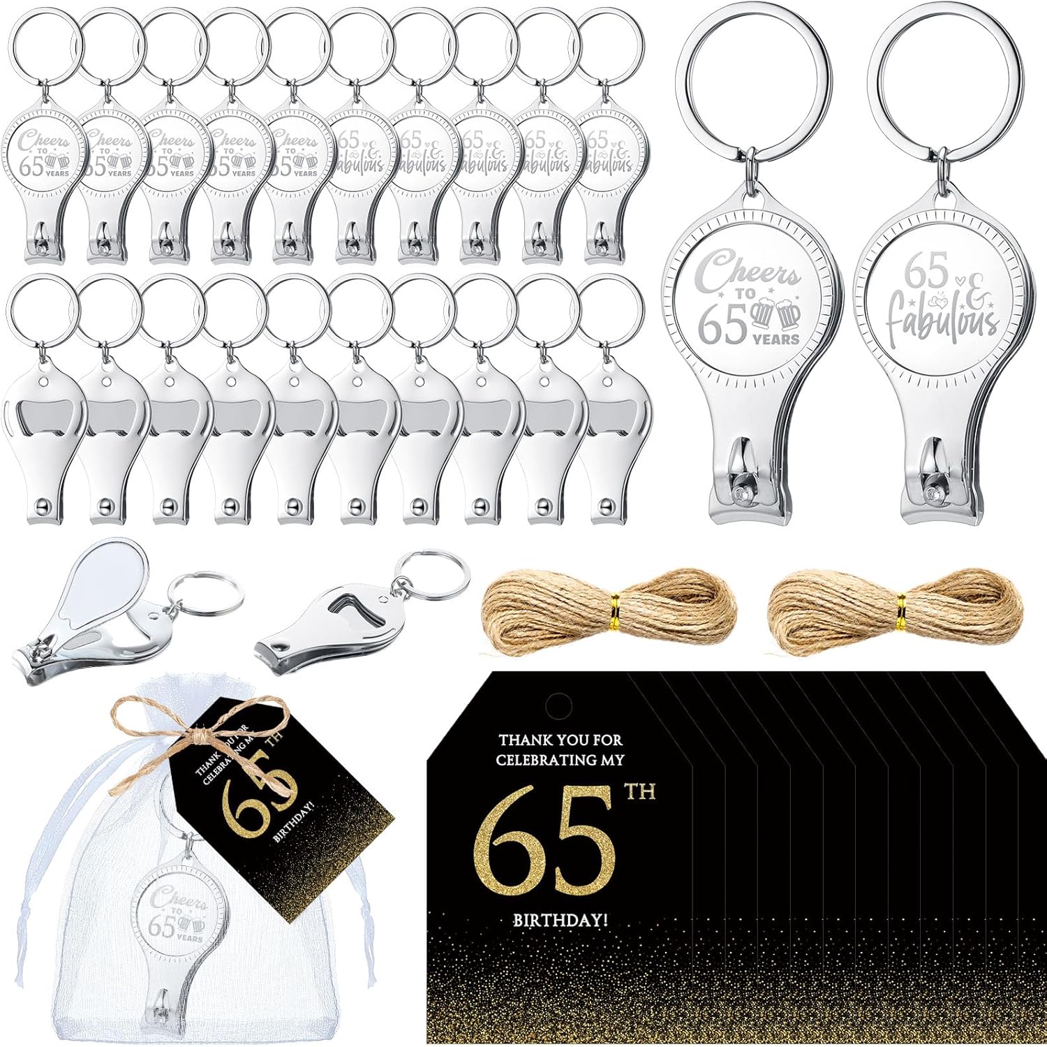65th Birthday Party Favors Set with Bottle Openers and Gifts