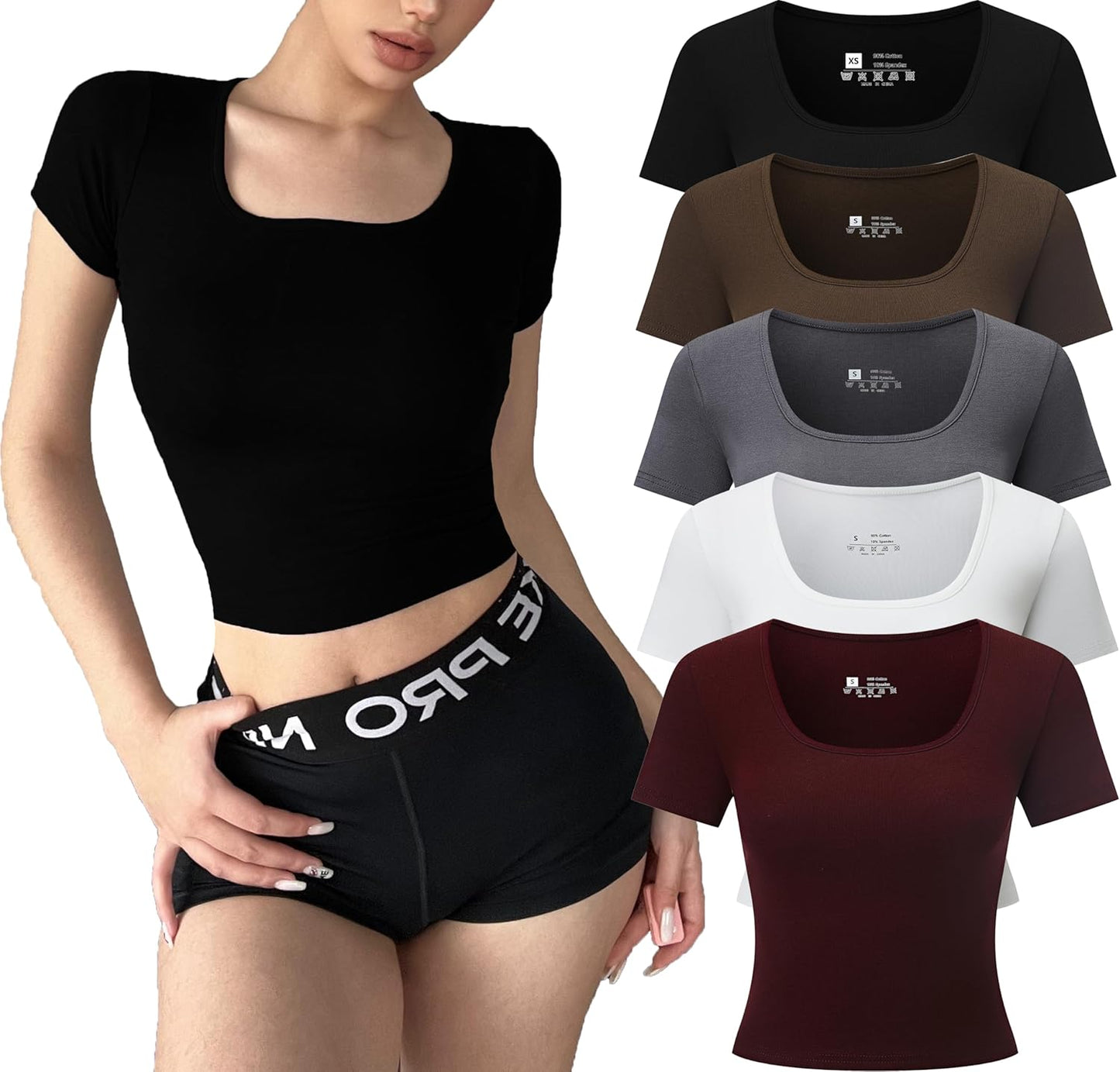 5 Pack Crop Tops for Women Square Neck Short Sleeve Basic Style