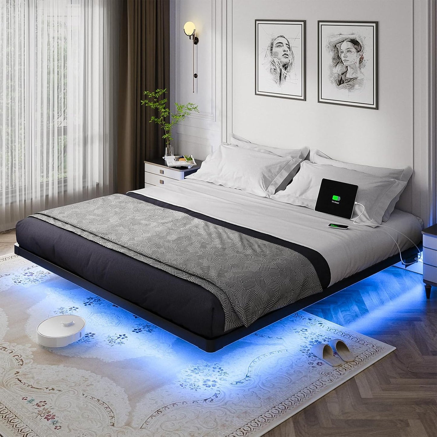 OLEVS King Size Floating Bed Frame with LED Light & Charging