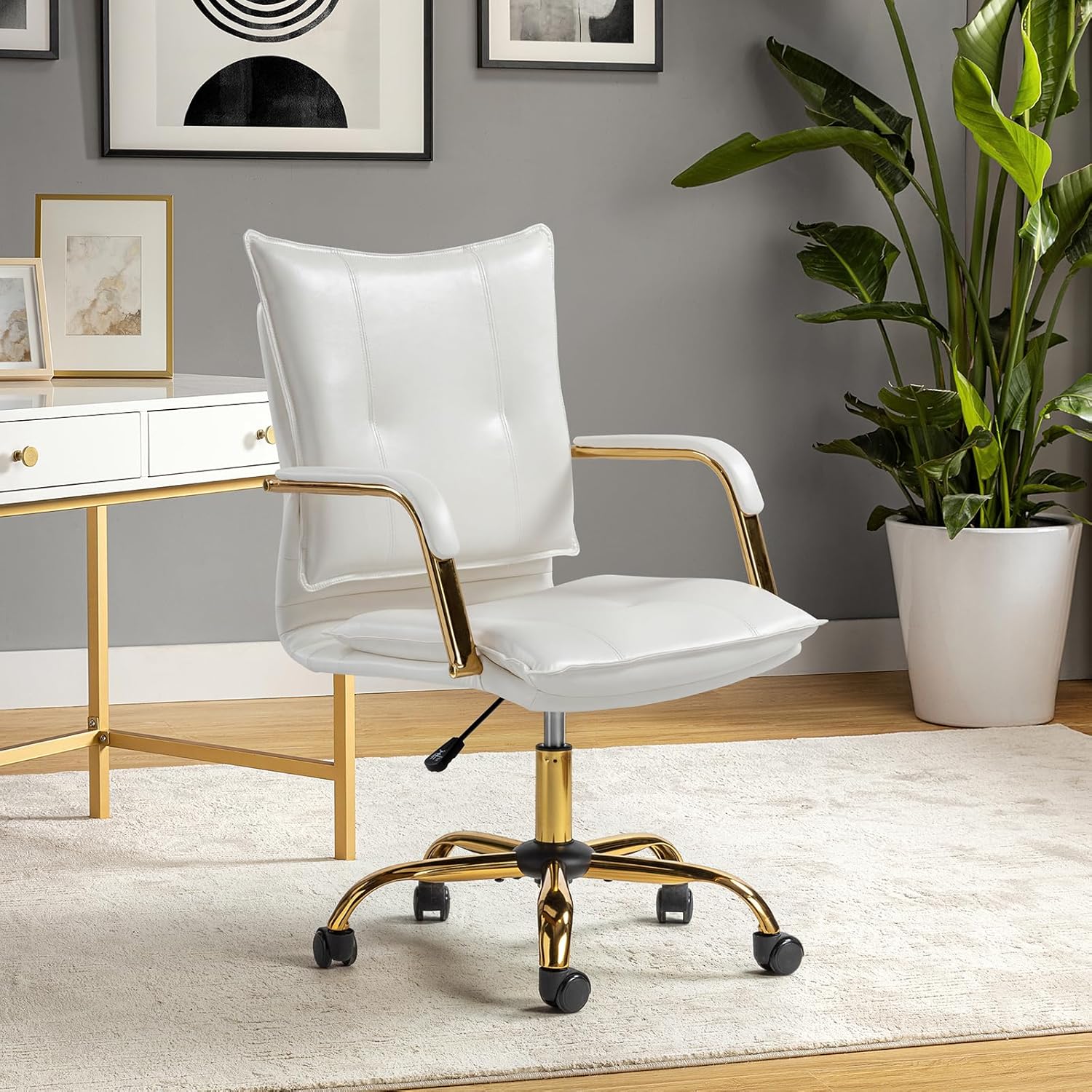 Golden-Leg Faux Leather Swivel Desk Chair