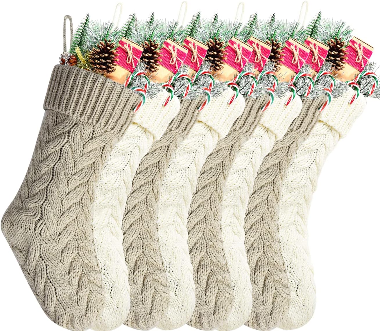 18 Inch Ivory and Khaki Cable Knitted Christmas Stockings Set