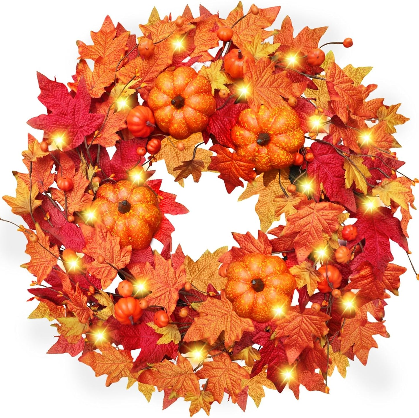 26 Inch Lighted Fall Wreath with Timer for Front Door Decor