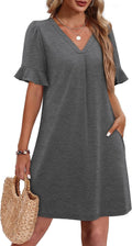 Ruffled V Neck Summer Dress for Women with Pockets - Casual Shift