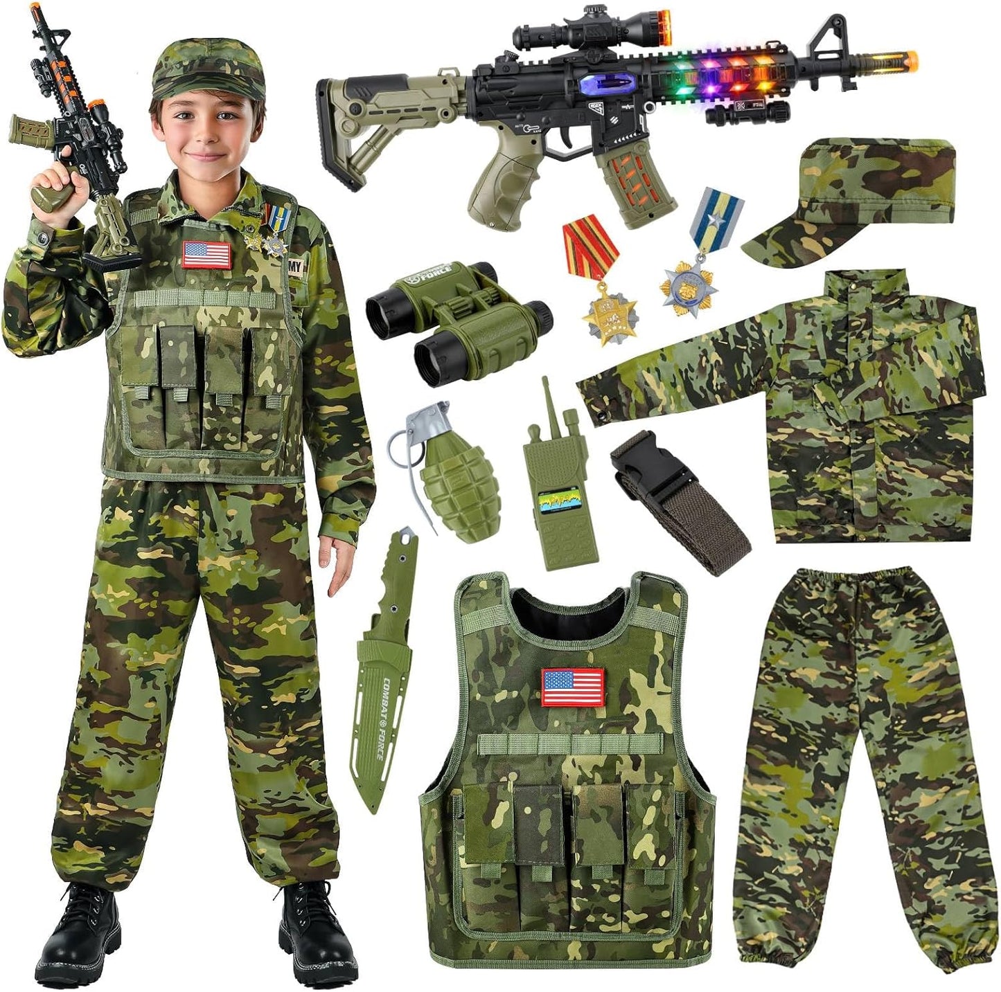 Kids Army Costume for Boys - Military Soldier Dress Up Set