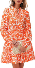 Women Floral V Neck Long Sleeve Tiered Ruffle Mini Dress - Boho Fall