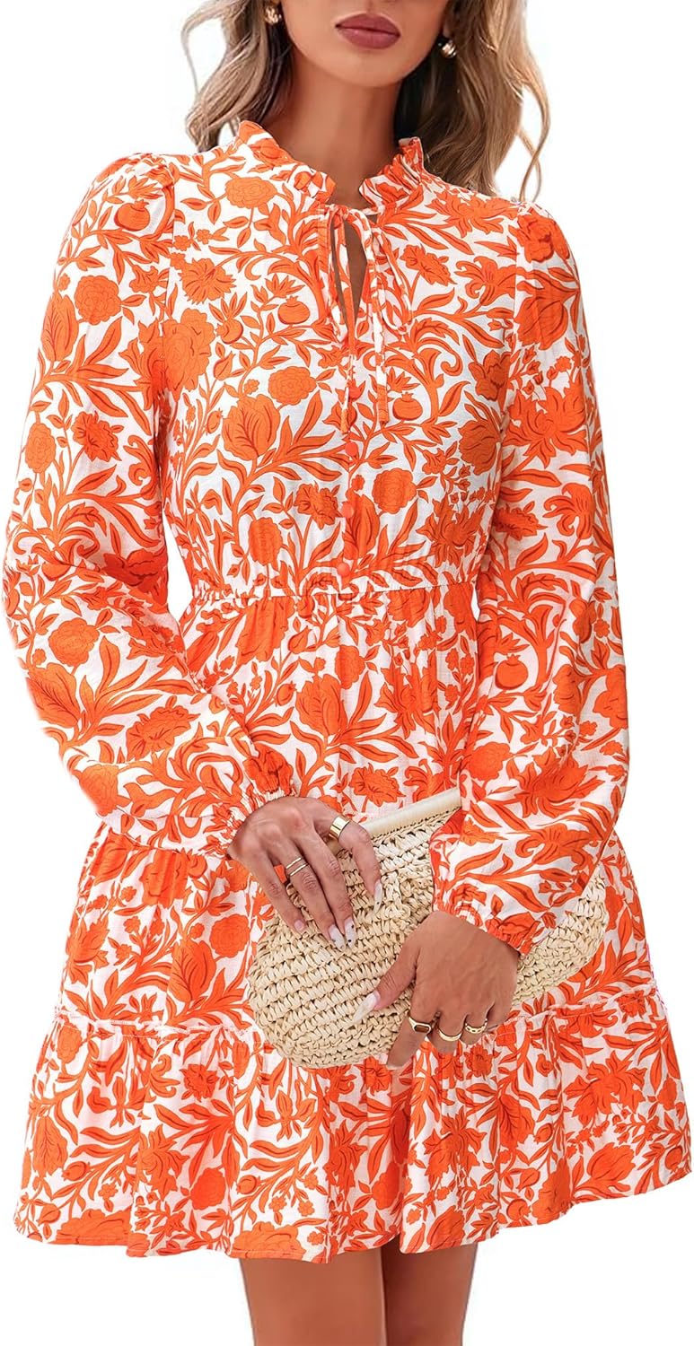 Floral V Neck Long Sleeve Tiered Ruffle Boho Swing Dress