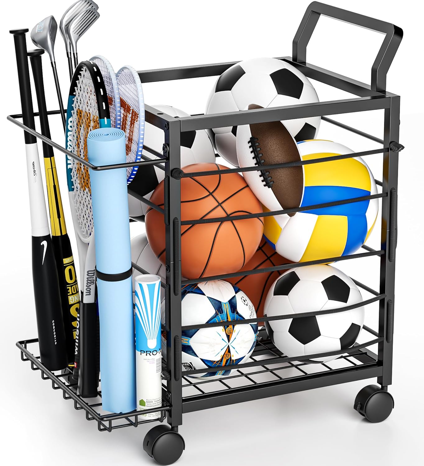 Sports Equipment Organizer Rolling Ball Storage Cart for Garage