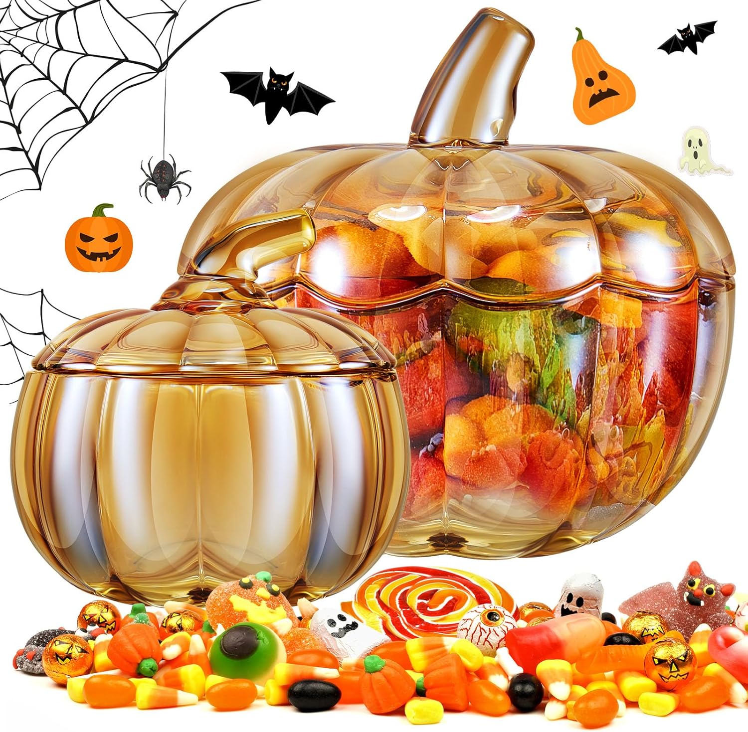 Tessco 70oz Glass Pumpkin Candy Jar Set for Halloween Decor