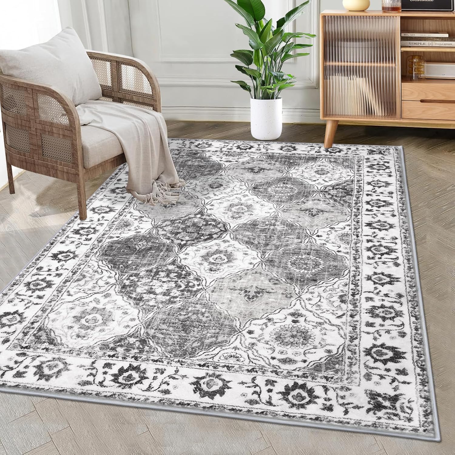 HEBE Washable Area Rug - Soft Distressed Medallion Design