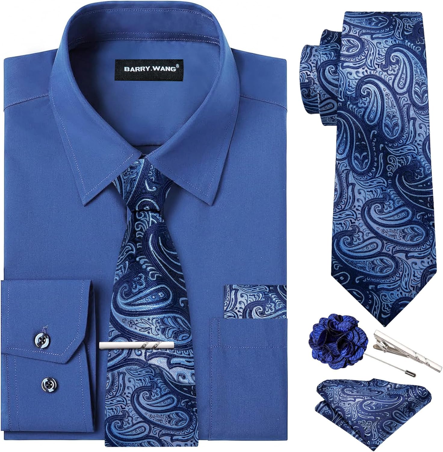 Barry.Wang Solid Colors Mens Dress Shirt and Tie Set for All Occasions