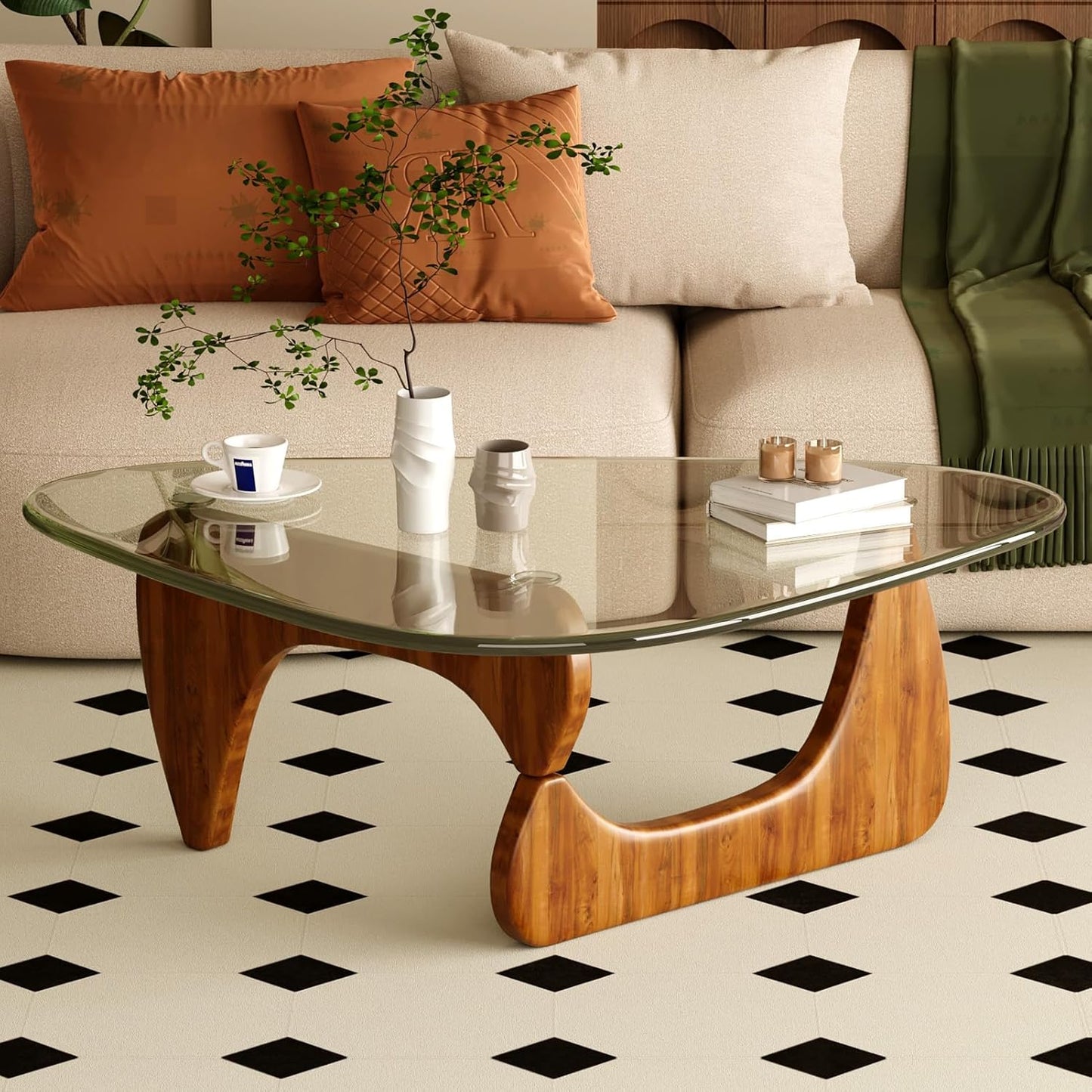 Mid Century Modern Coffee Table with Glass Top for Living Room