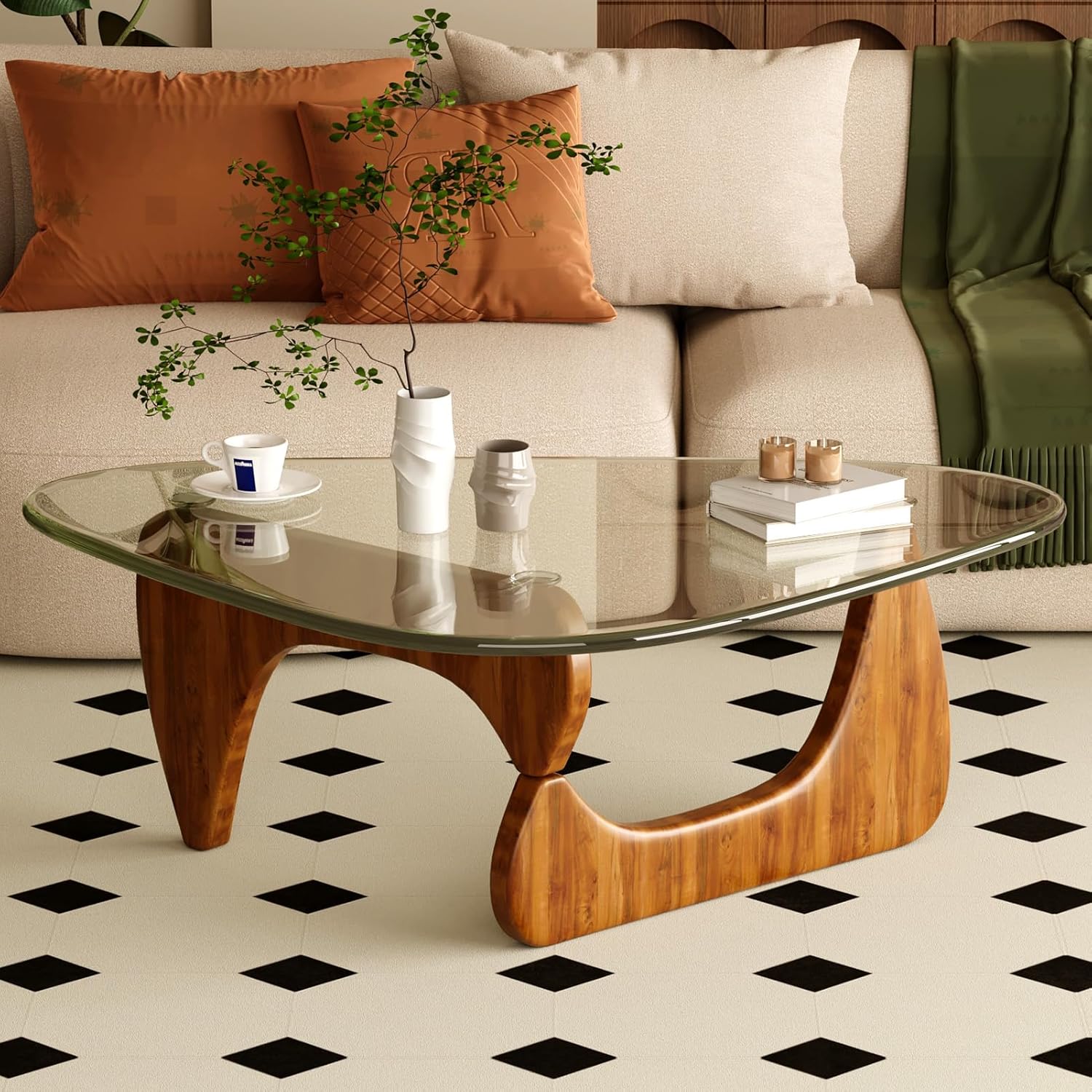 Mid Century Modern Coffee Table with Glass Top for Living Room