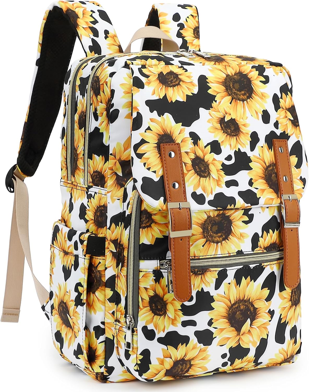 Cow Print Sunflower Laptop Backpack for Women and Girls