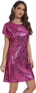 Women's Crewneck Sequin Shift Dress - Sparkly Short Sleeve Party Dress
