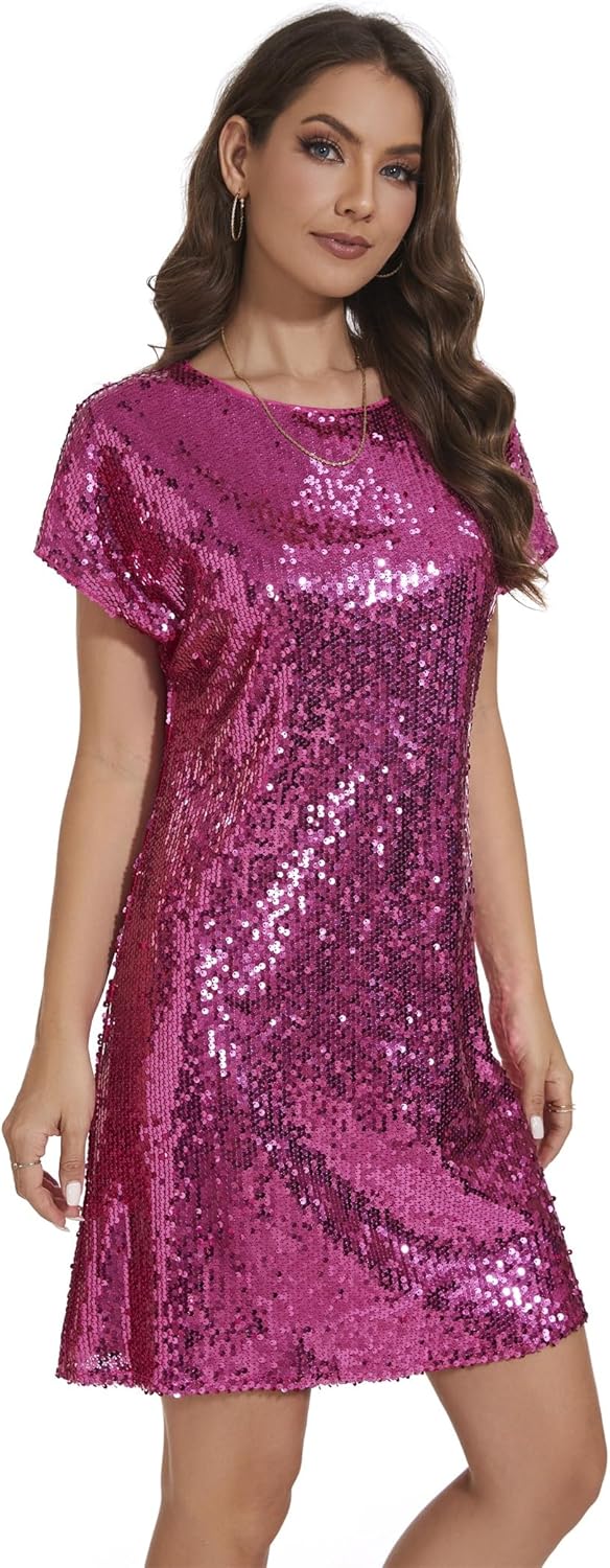 Women's Crewneck Sequin Shift Dress for Casual Holiday Parties