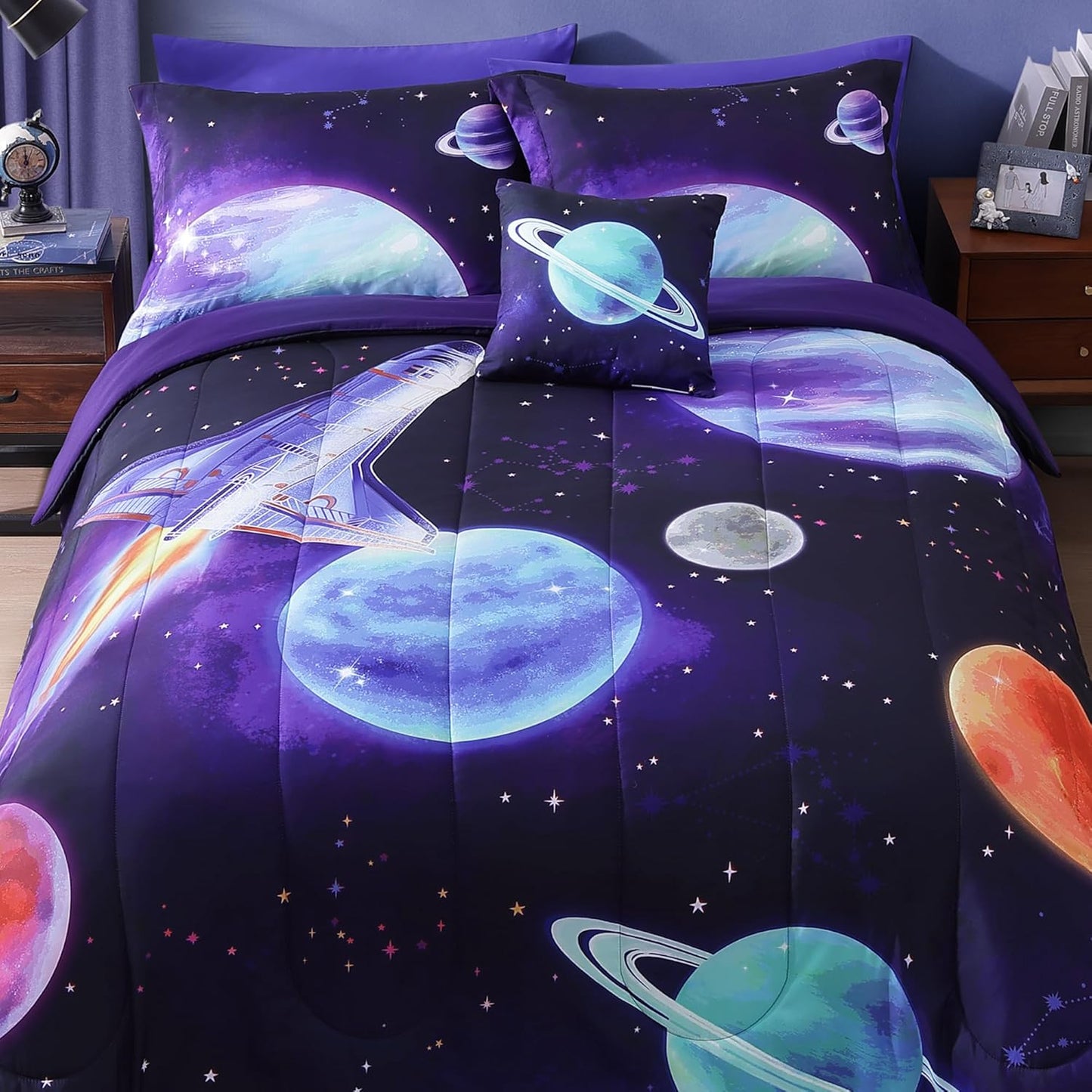 Full Size Comforter Set for Boys - Navy Blue Space Rocket Design