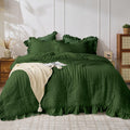 Dark Green Queen Comforter Set Seersucker with Ruffles - Lightweight