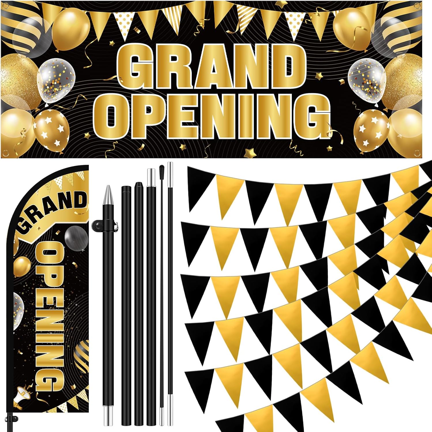 7 ft Black and Gold Grand Opening Banner with Pole Kit