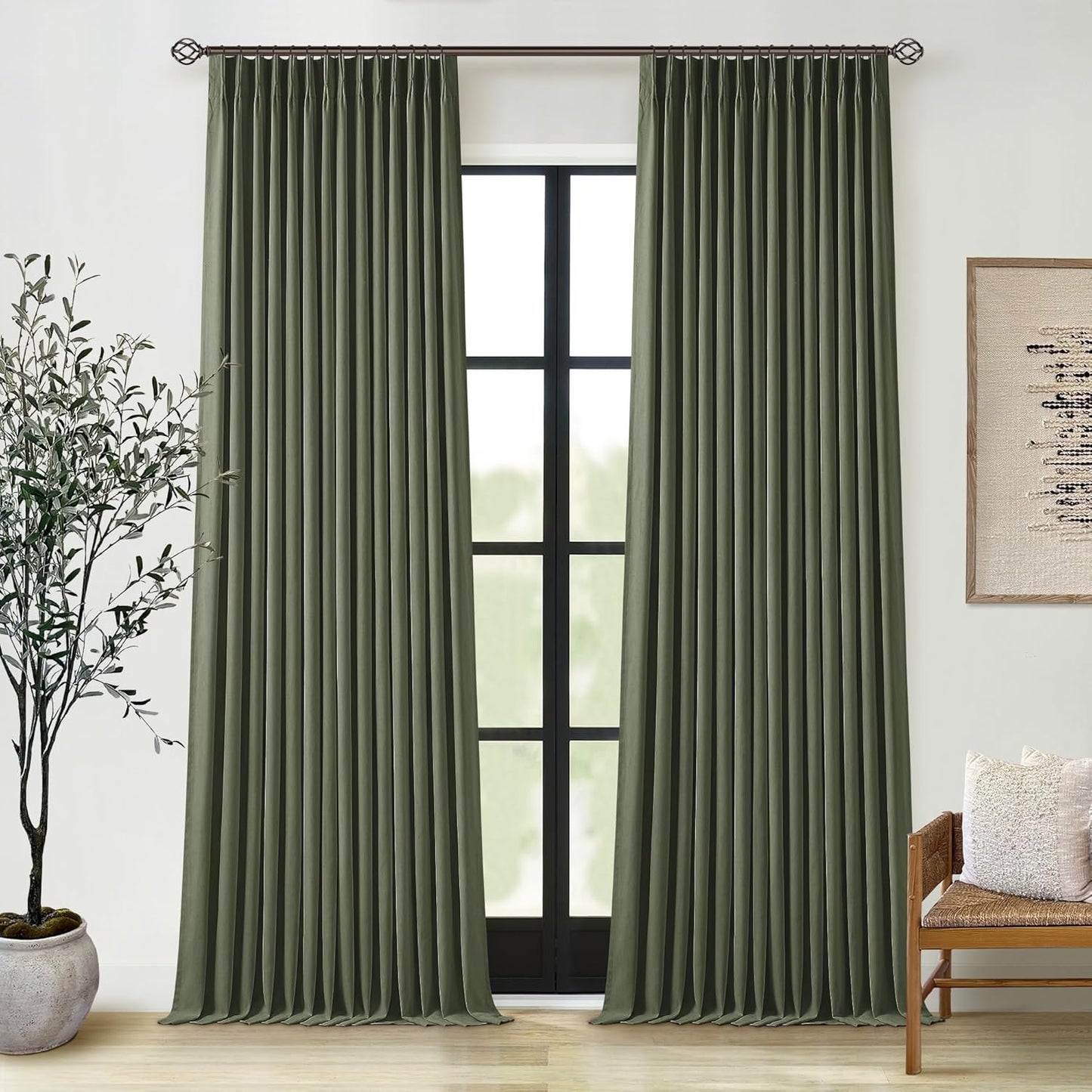 Olive Green Pleated Linen Blackout Curtains for Bedroom Decor
