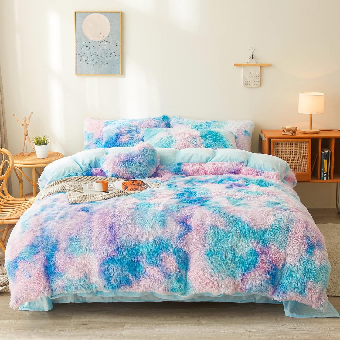 Tie Dye Blue Plush Fluffy Comforter Cover Set for Queen Beds
