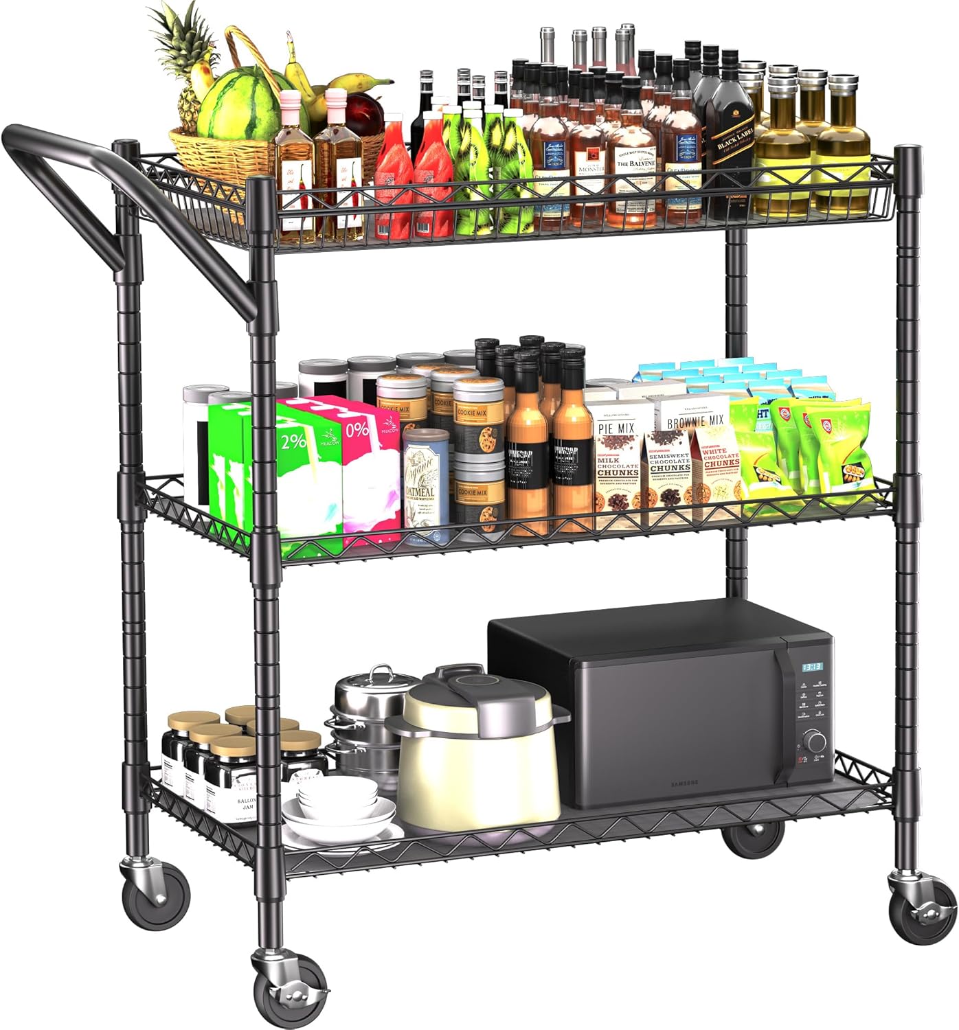 REGILLER Heavy Duty 3-Tier Rolling Utility Cart - Commercial Grade with Handle Bar - Kitchen Storage Cart