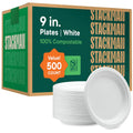 100% Compostable Paper Plates 9 in 500 Count - Heavy-Duty Dinner
