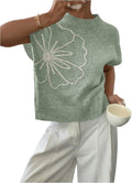 Womens Ribbed Crew Neck Short Sleeve Floral Knit Sweater - Loose Fit