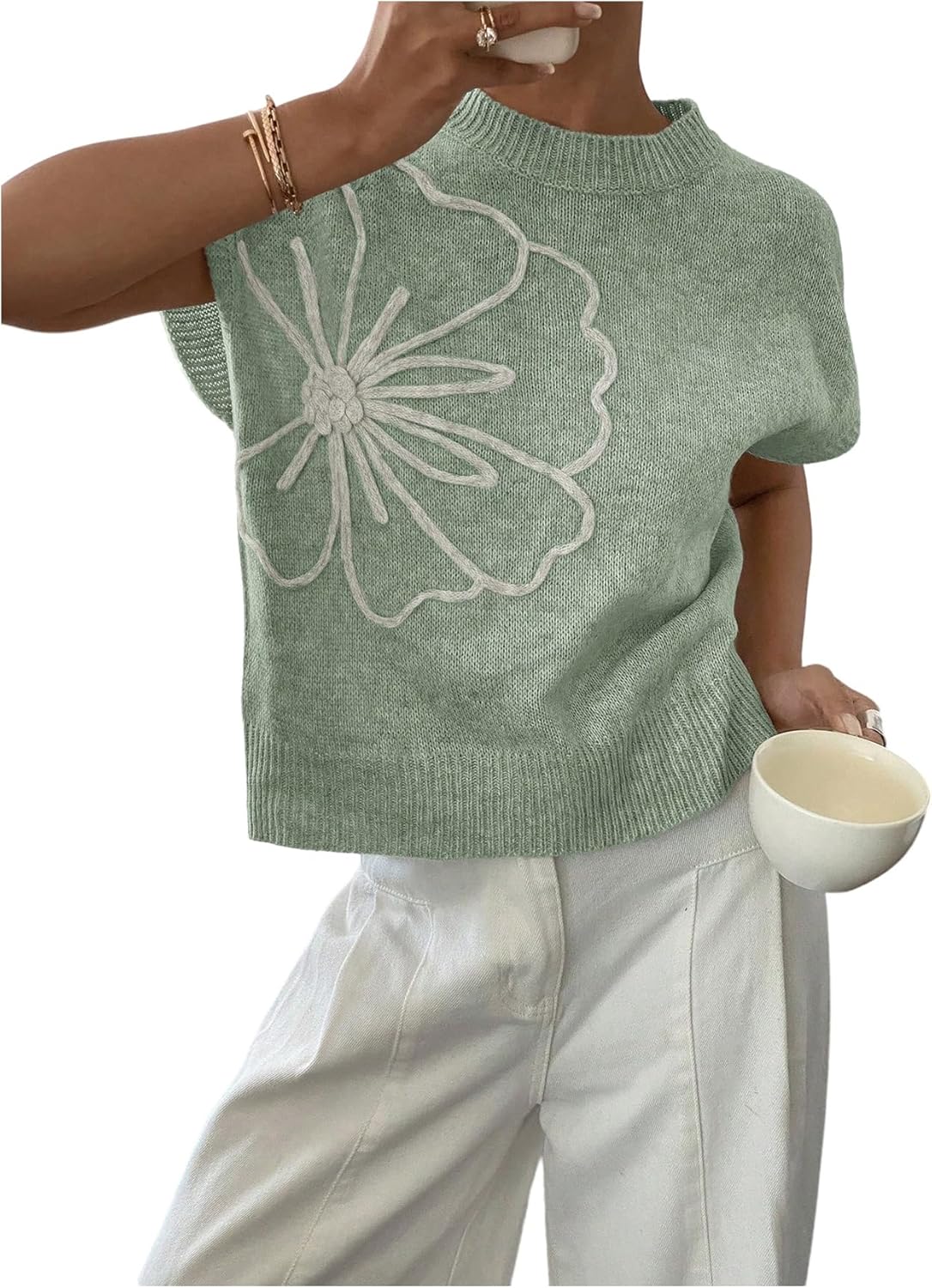 SOLY HUX Women's Ribbed Sweater with Floral Knit Design