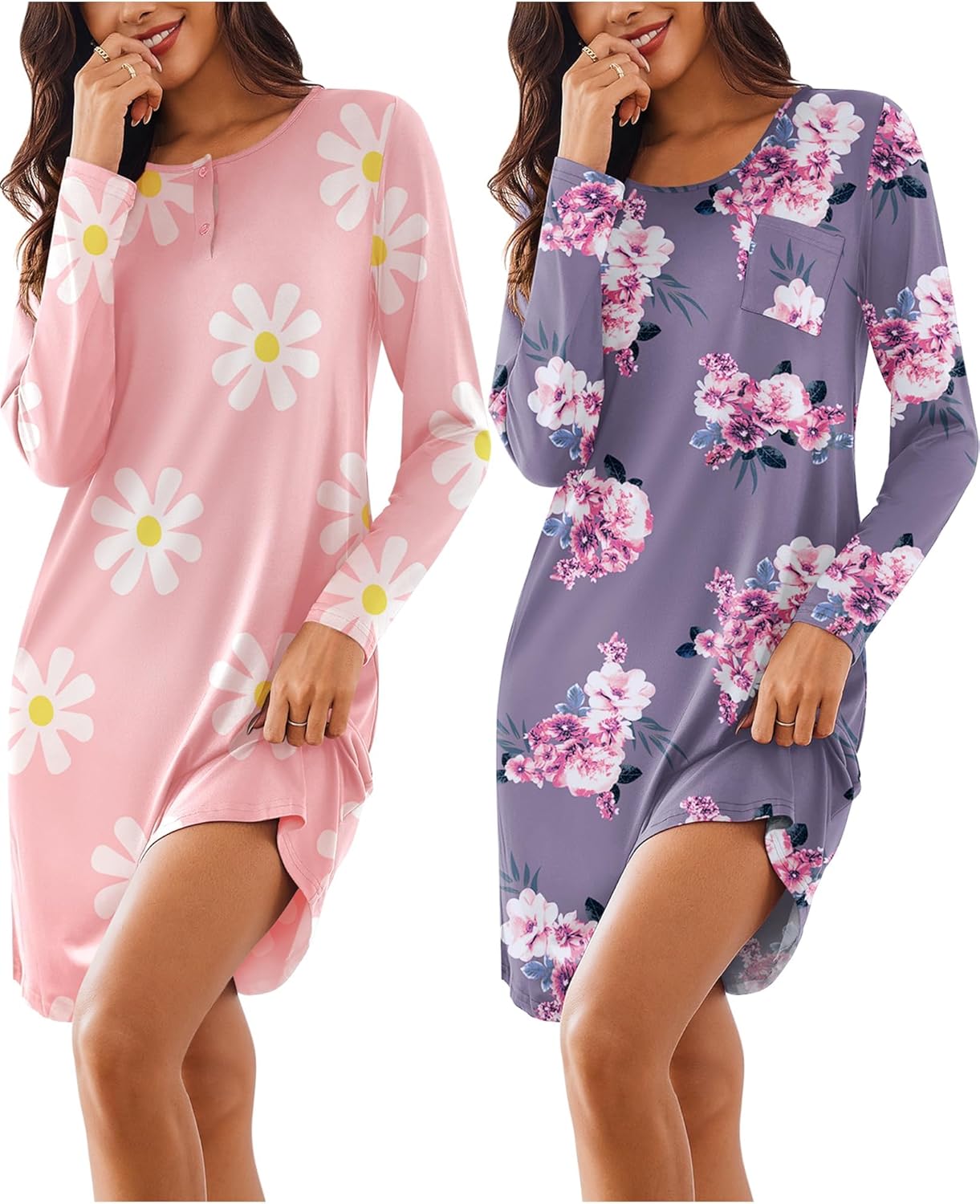 Ekouaer Women's Sleepshirt Dress 2 Pack Comfortable Nightgown