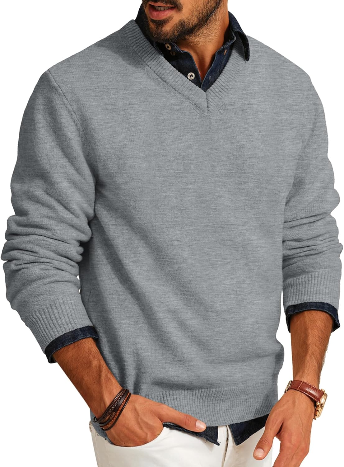 PJ PAUL JONES Mens V Neck Pullover Lightweight Wool Blend Sweater