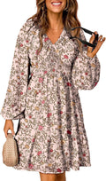 Boho Floral V Neck Long Sleeve Smocked Waist Mini Dress (Style 9L6L)