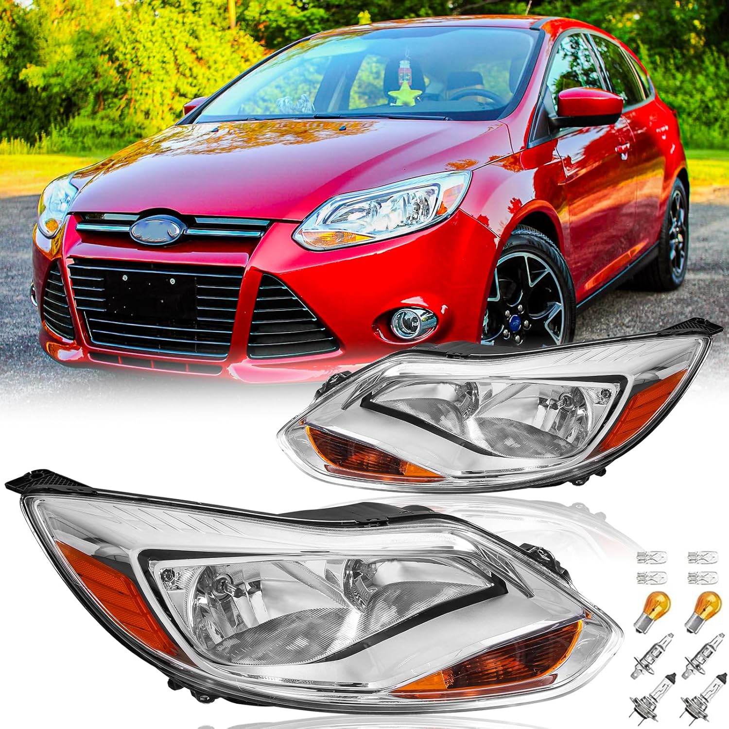 Headlights Assembly with Bulbs for 2012-2014 Ford Focus Models