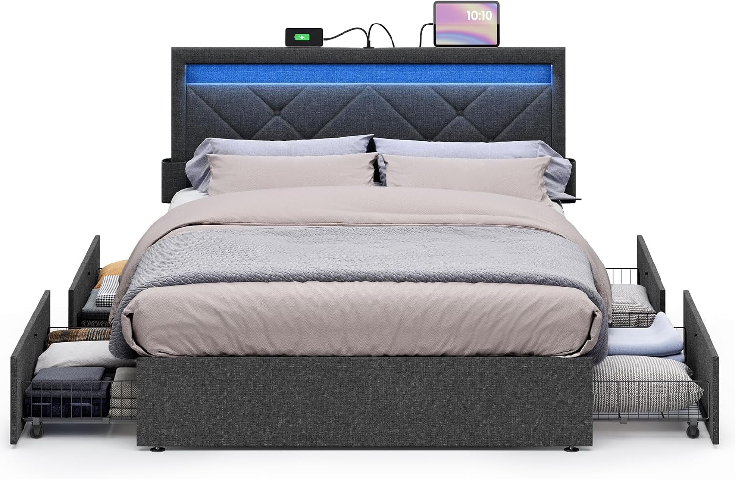 VASAGLE LED Bed Frame Full Size with Adjustable Headboard