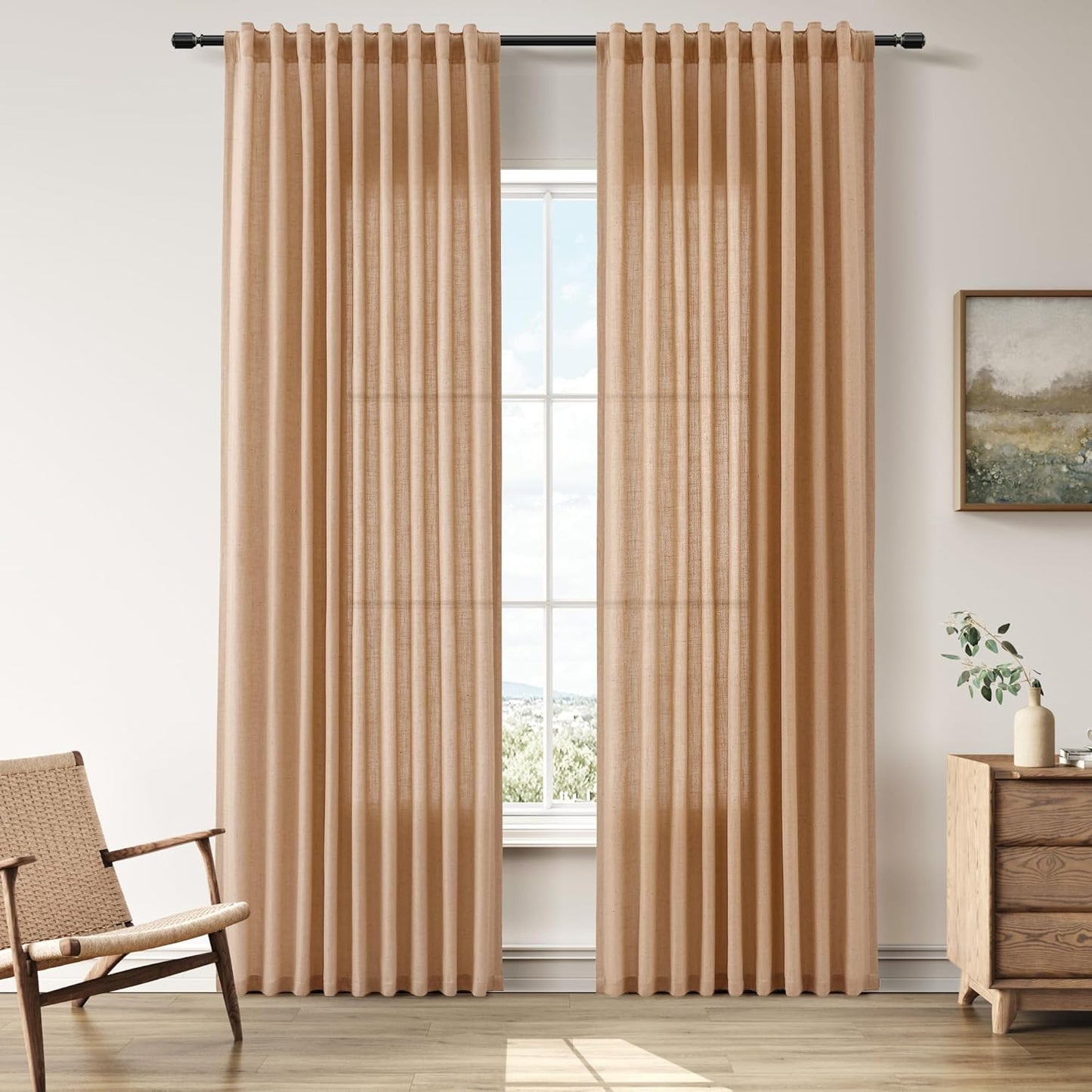 Camel Linen Curtains 84 Inches Long Back Tab for Living Room
