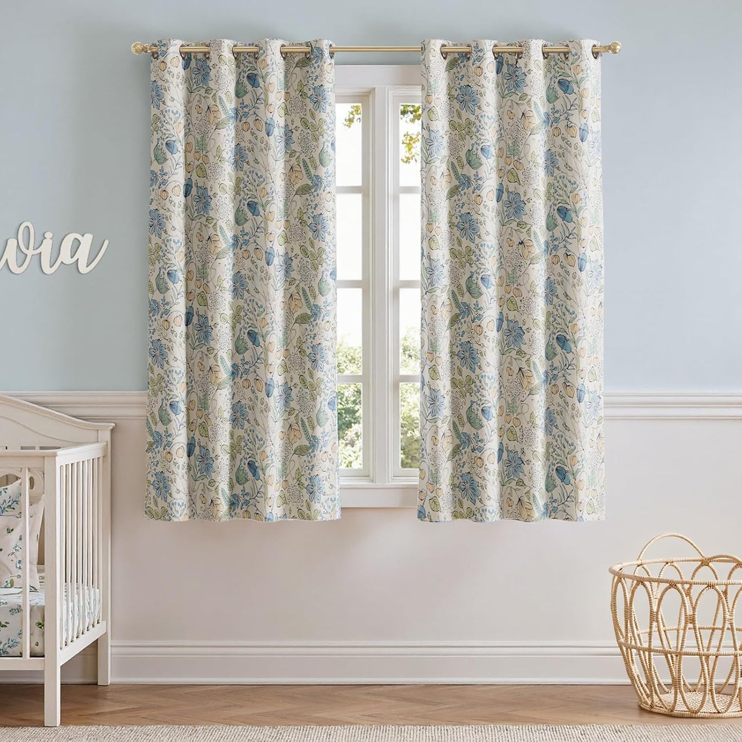 Blackout Blue Floral Curtains for Kids Room - 63 Inch Length