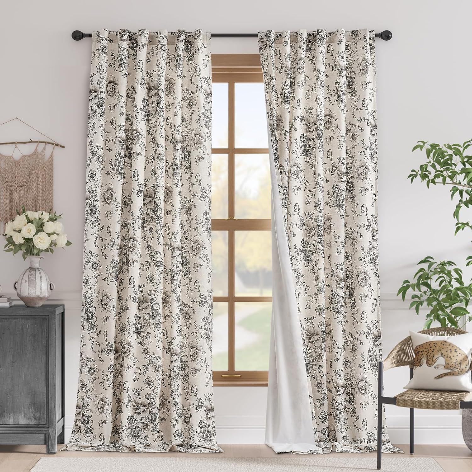 Elegant Floral Blackout Linen Blend Curtains for Living Room