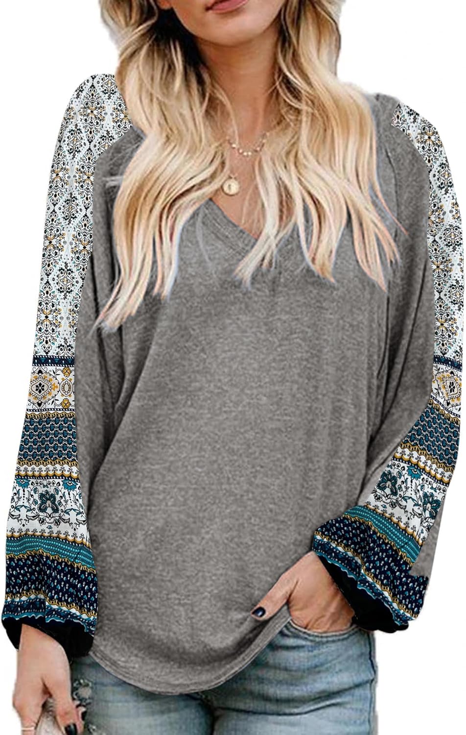 Beyove Boho Tops for Women Long Sleeve V Neck Casual Blouses