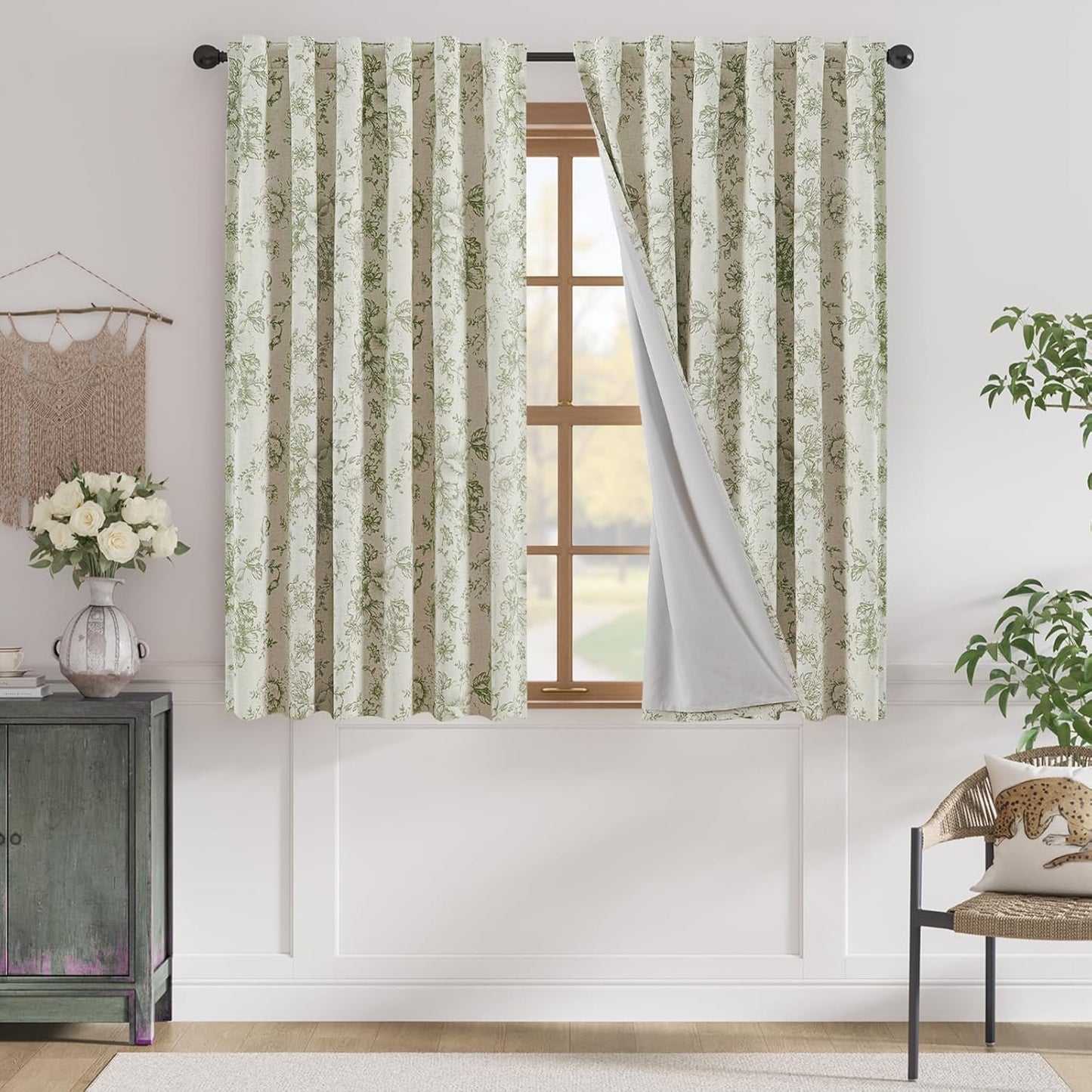 Floral Blackout Linen Blend Curtains for Living Room 63 Inch