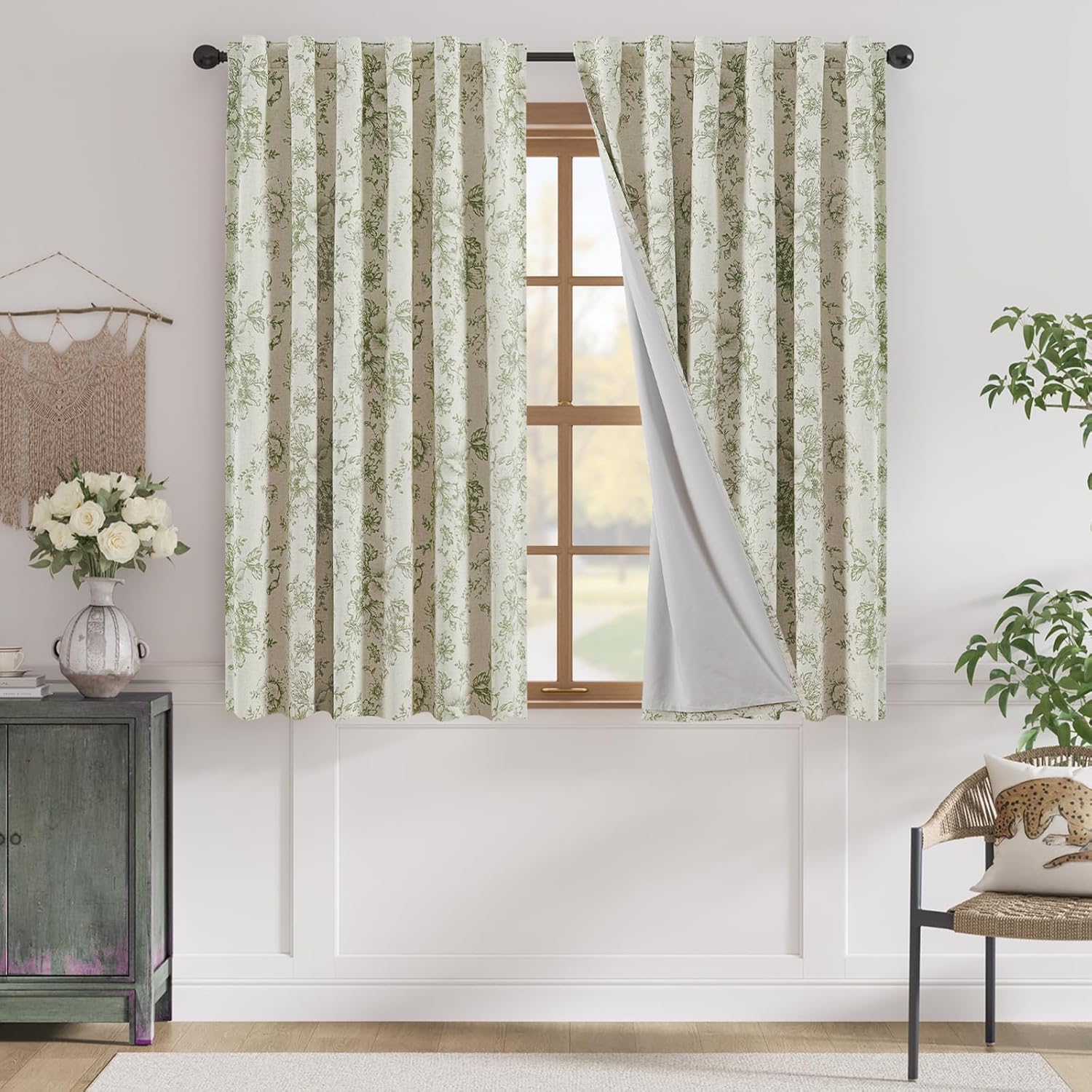 Floral Blackout Linen Blend Curtains for Living Room 63 Inch